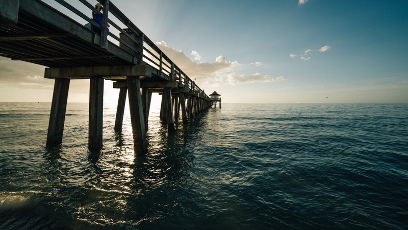 pier, ocean, horizon, sky, naples pier, water, naples, cloud, coast, united states, sea, shore, 4K, florida, calm