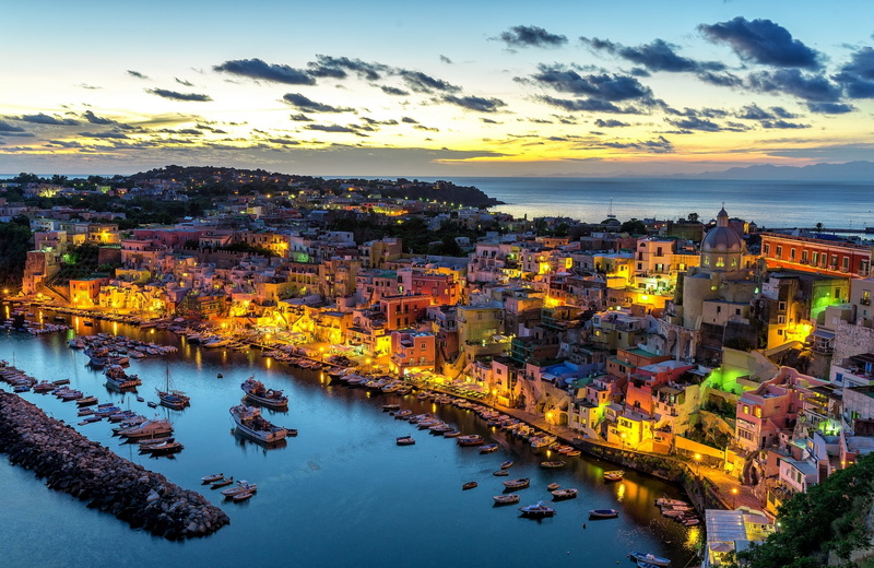 cloud - sky, Corricella, port, cityscape, harbour, residential district, 1080P, dusk, promenade, illuminated, The Bay of Naples, the island of Procida