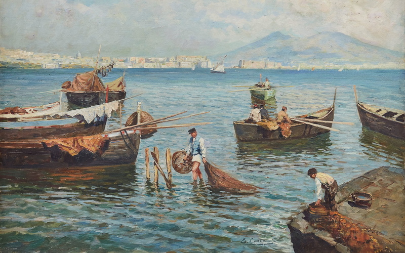 View of Naples and Vesuvius, The view of Naples and Vesuvius, 2K, Emmanuel Costa, French painter, oil on canvas, Emmanuel Louis Costa