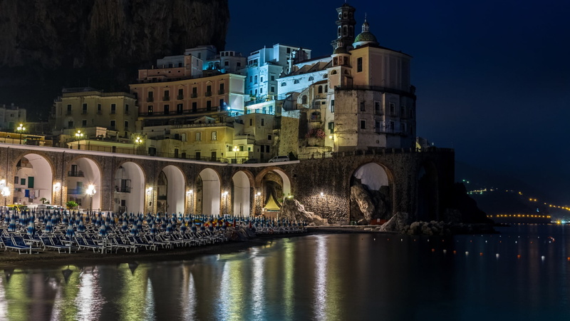 sea, beach, 1080P, lights, Naples, Amalfi, Campania, night, house, Italy