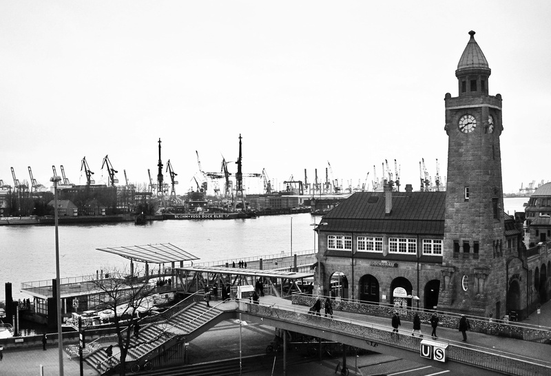 outdoors, hanseatic city, known, hamburg landungsbrücken, sky, hamburg port, pegelturm, harbour cranes, nature, hamburg, river, black And White, tourist attraction