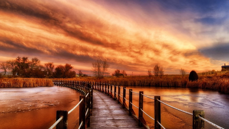 bridge, sky, hd, 4K, autumn, wooden, ultra, river