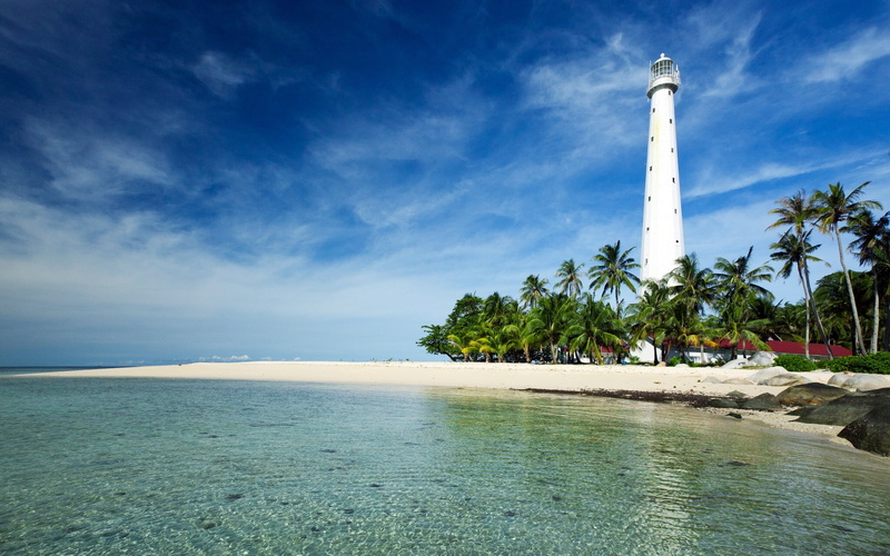 lighthouse, nature, coconut palm tree, travel, tropical climate, beach, land, tree, coast, sea, scenics - nature, The Java sea, tranquil scene, Belitung Island