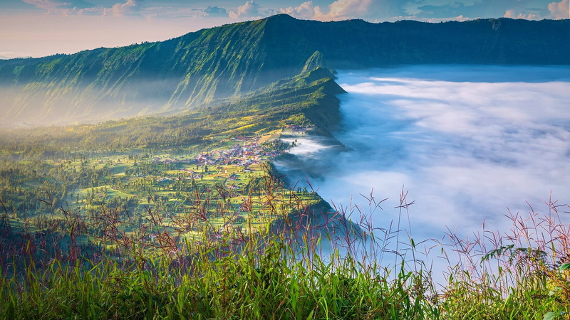 grass, Java (island), house, Indonesia, landscape, nature, clouds, mountains, trees, 1080P, village, mist