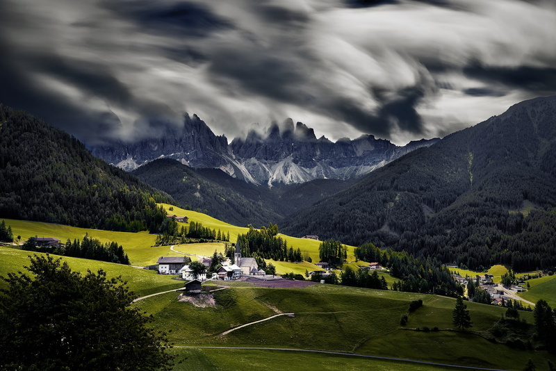 Dolomites (mountains), mountain range, building, idyllic, landscape, grass, beauty in nature, environment, green, sky, no people, non-urban scene, cloud - sky