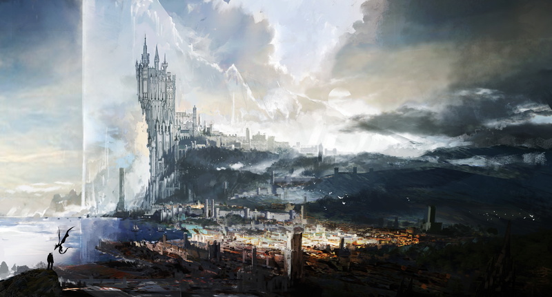 tower, Wyvern, city, Final Fantasy XVI, castle, warrior, 8K, video game art, clouds, video games, concept art, digital art, sea