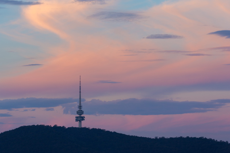 outdoors, sunrise, sky, telecommunications equipment, spire, cloud - sky, no people, sunset, antenna - aerial, canberra, architecture, technology, broadcasting