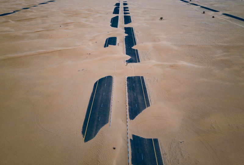 4K, desert, Dubai, United Arab Emirates, sandstorms, road, highway, sand