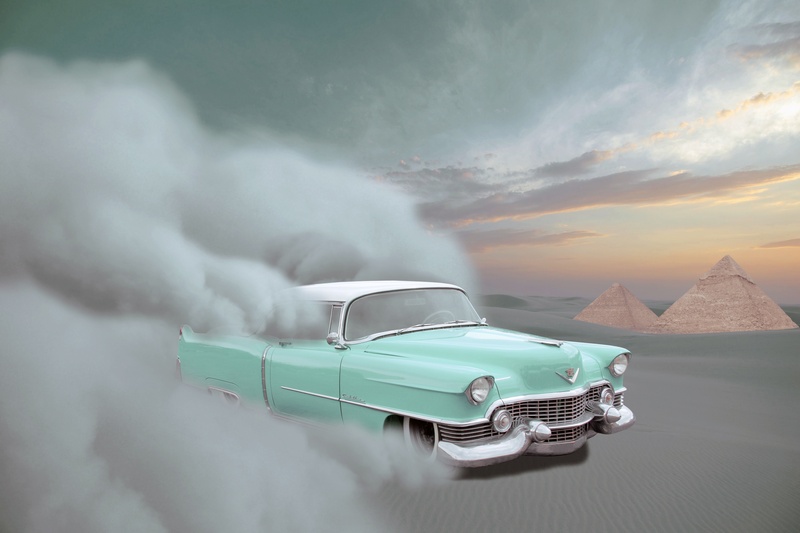 computer and sports, illustration, sandstorm, air vehicle, motion, outdoors, cadillac, white, sand, old car, desert, smoke - physical structure, nature