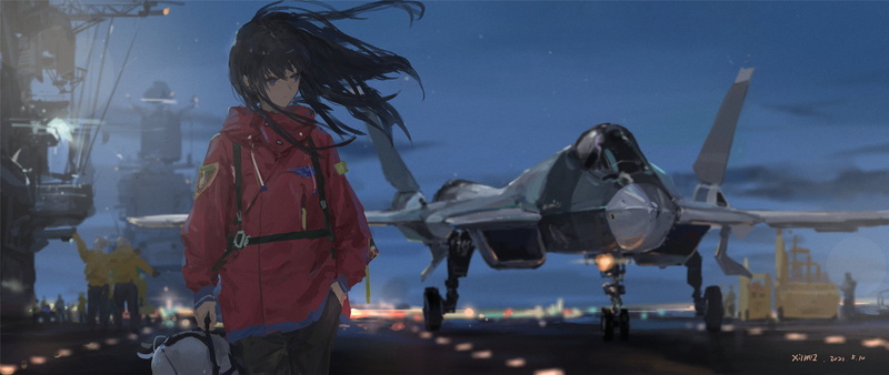 military aircraft, black hair, XilmO, artwork, long hair, 1080P, anime girls, anime, Sukhoi Su-57, night