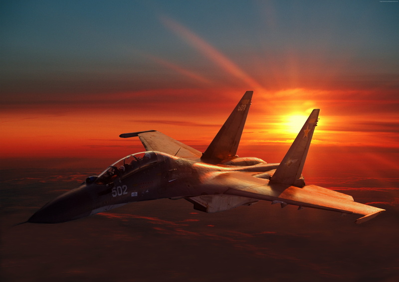 4K, fighter aircraft, Russian Army, Sukhoi Su-30, sunset