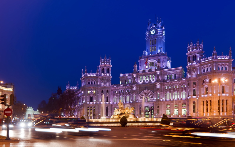 laptops, plaza, night, madrid, cibeles, phones, de, mobile, 4K, palacio, spain, comunicaciones, ultra, hd, city, desktop