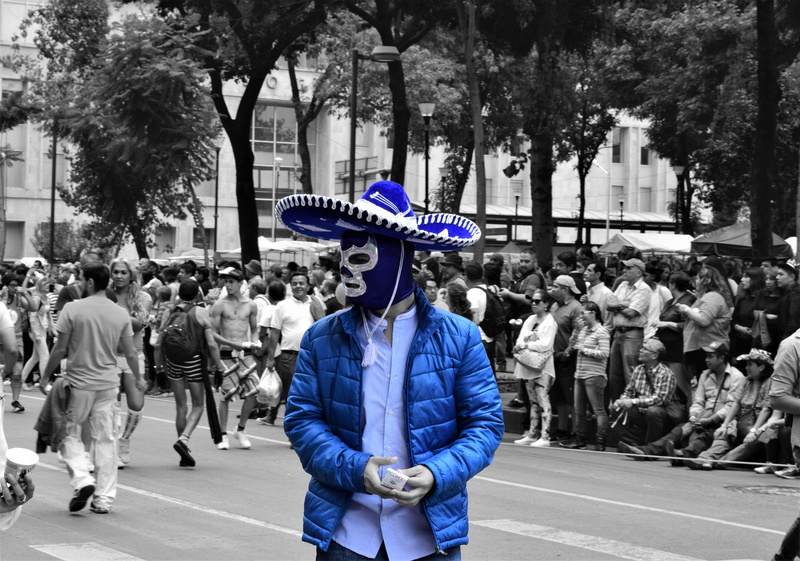 focus on foreground, Fighter, adult, 4K, building exterior, hat, street, cdmx, women, blue, city, large group of people, real people, mask, day, built structure