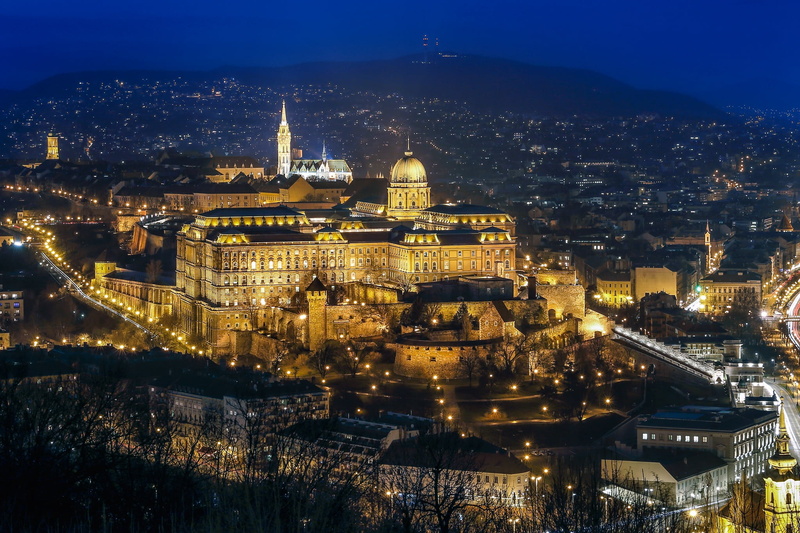europe, night, no people, river, sky, old, hungarian, illuminated, building, built structure, urban, travel destinations, evening, tourism, european, buda
