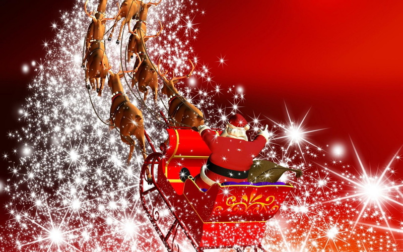 north, 1080P, red suit, flying, sleigh, santa, pole, 3d and abstract, reindeer, back