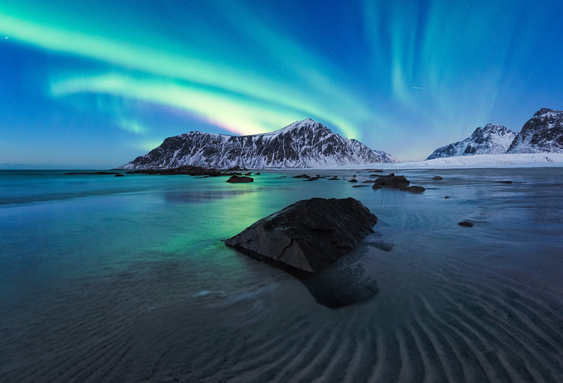 Lofoten, north pole, mountains, 1080P, aurorae, cold, clear sky, snow, blue, sky, snowy peak, landscape, rocks