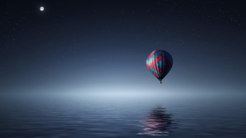 advanture, stars, night sky, 1080P, starry, air, baloon, moon, reflaction, aerial, night, blue, full moon, sky, cyan, cold, water, magical
