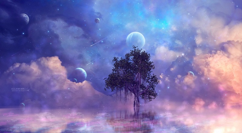 Planet, Cloud, Tree, Artistic, 1080P, Stars, Starry Sky, Blue, Fantasy, Purple