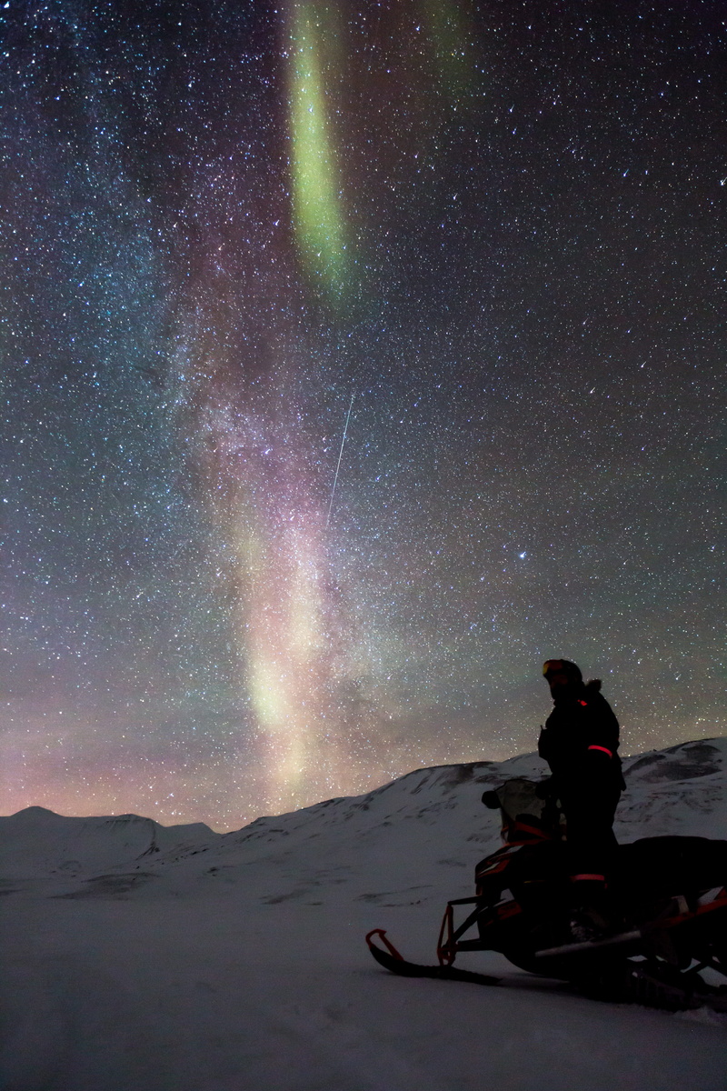 Aurora, one person, night, stars, polar lights, tranquil scene, Auroras, light phenomenon, space, magical night, Snowmobile, scooter, men, galaxy, mountain
