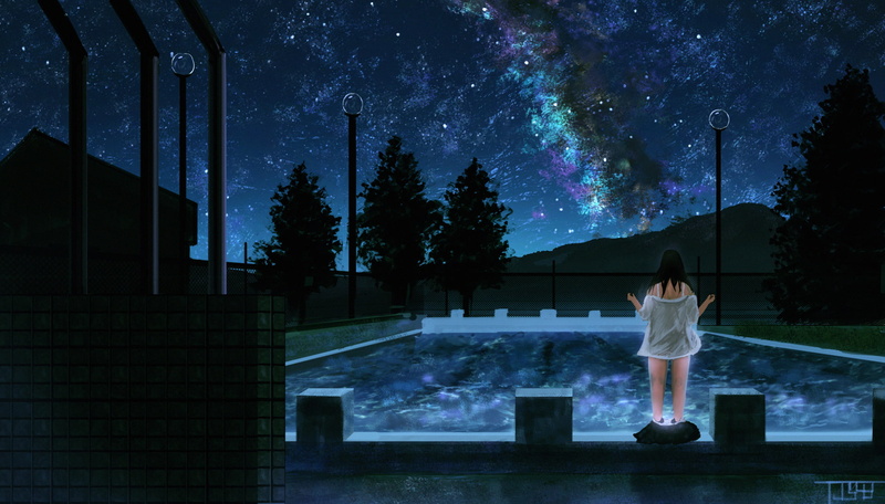 Night, Original, Pool, Aurora Australis, Stars, Anime, 1080P, Girl, Tree