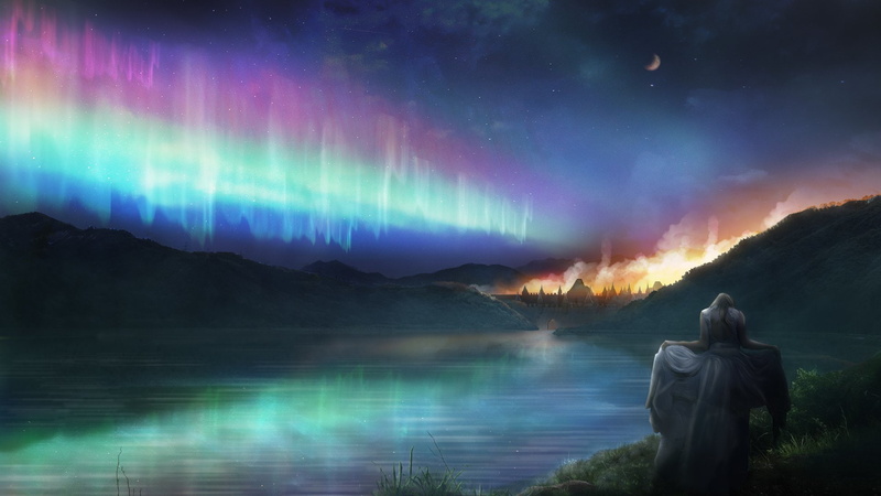 Aurora Australis, Dress, Women, Fantasy, Girl, 1080P, Night