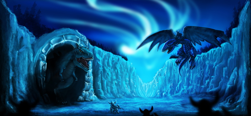 Fantasy, Night, 5K, Tyrannosaurus Rex, Blue, Dragon, Aurora Australis, Battle