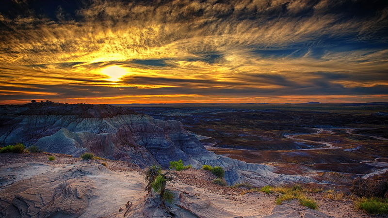 sky, forest, mountains, sunset, arizona, clouds, national park, usa, petrified forest national park, petrified, 4K