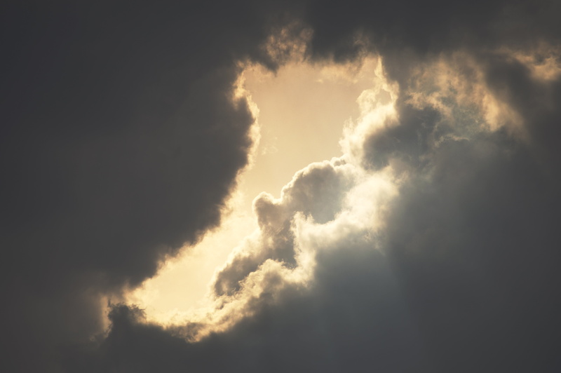 storm, low angle view, sunshine, scenics - nature, light, god, heaven, darkness, fluffy, meteorology, nature, hole, sunset, dramatic sky, grey, beauty in nature