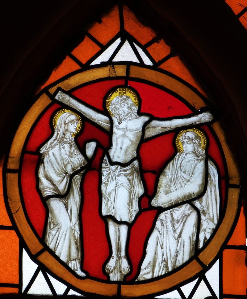 male likeness, cross, church window, crucifixion, low angle view, stained glass window, passion, statue, built structure, indoors, spirituality, stained glass
