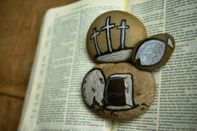 western script, good friday, stones, resurrection, christian faith, newspaper, crucifixion, open, holy scripture, high angle view, top, 5K, communication