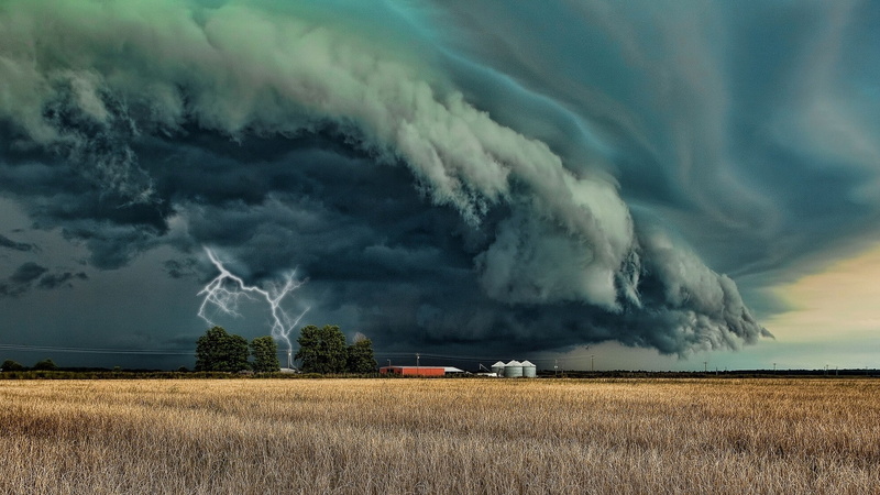 plants, nature, landscape, field, lightning, clouds, trees, supercell (nature), 1080P, storm, building, horizon
