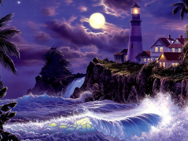 Ocean, 720P, Storm, Night, Lighthouse, Moon, Sea, Wave, Painting, Artistic