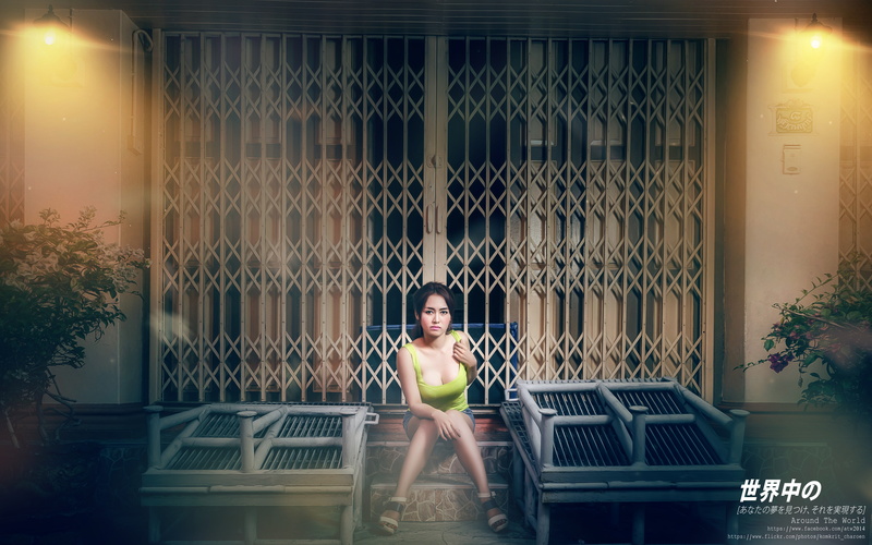 Asian, sitting, brunette, leisure activity, beautiful woman, real people, 4K, building exterior, cleavage, front view, women, looking at camera, architecture