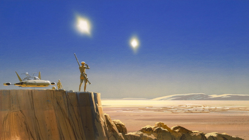 sky, Tatooine, landscape, space, science fiction, artwork, fantasy art, planet, 2K, Star Wars, painting, Luke Skywalker