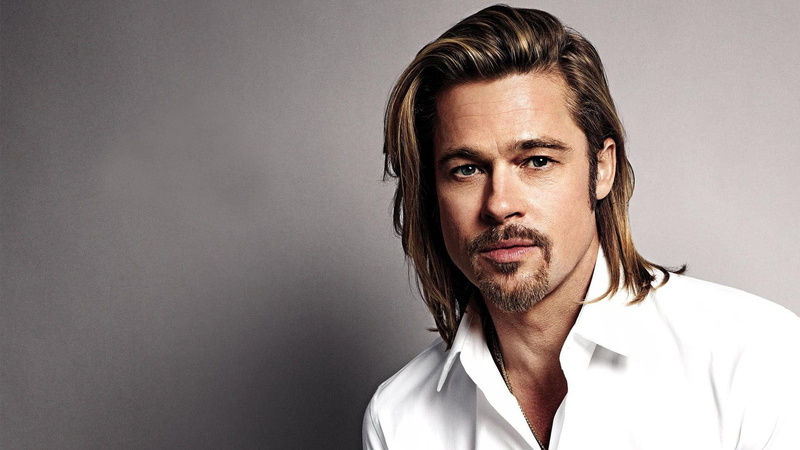 adult, face, Brad Pitt, white clothing, looking at camera, blue eyes, beautiful people, pit, gray, hair, actor, button down shirt, front view, gray background