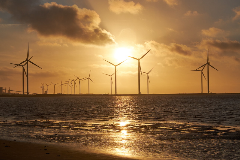 windmill, renewable energy, sun, electricity, hour, scenics - nature, sky, water, power Supply, sunset, cloud - sky, wind energy, coast, power, morgenrot