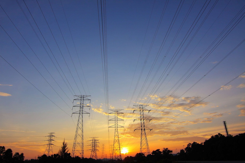 tree, steel, low angle view, 2K, supply, wire, power line, scenics - nature, technology, lines, sun, energy, voltage, dawn, cloud - sky, transmission