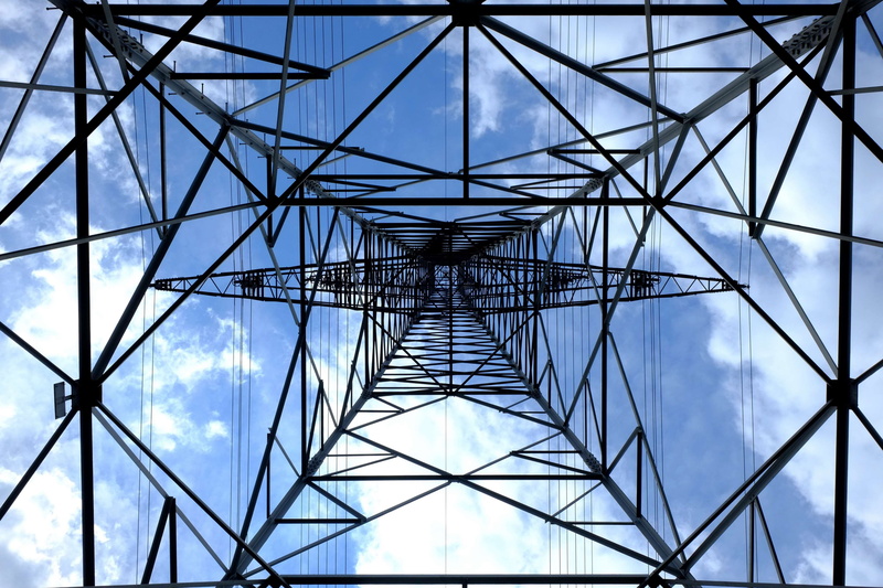 power, directly below, high voltage, technology, low angle view, 4K, perspective, alloy, blue, powerful, complexity, cable, electricity, clouds, line