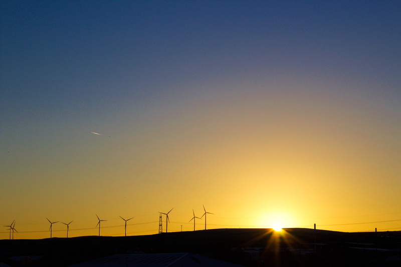 Wind turbines, fuel and Power Generation, 4K, renewable energy, tranquil scene, scenics - nature, landscape, orange color, sunset, wind, wind Turbine