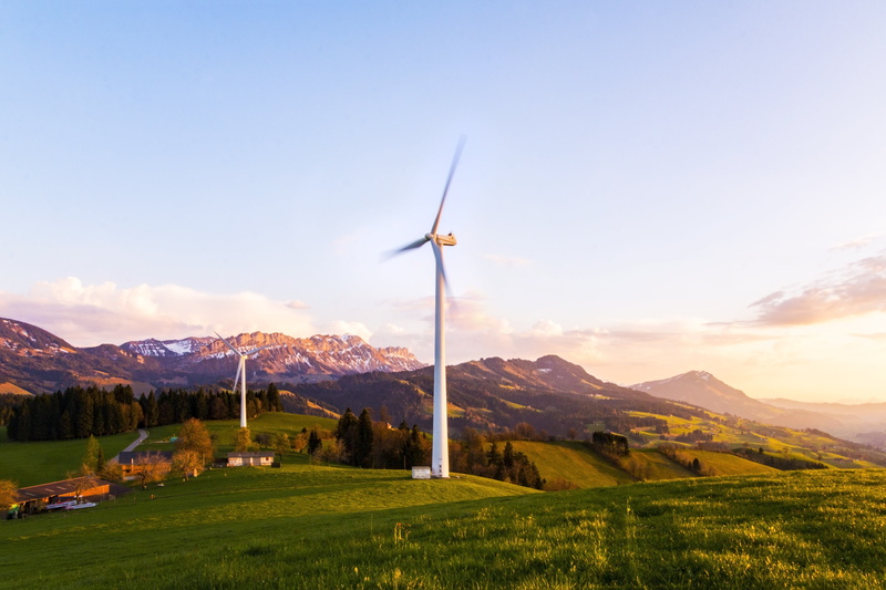 sunset, power supply, pinwheel, nature, outdoors, wind power plant, field, empty, idyllic, switzerland, rural scene, no people, wind park, environmental technology