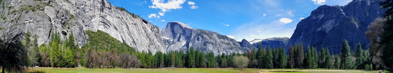 forest, mountains, multiple display, triple screen, Half Dome, 5K, cliff, Yosemite Valley, photography, nature, panoramas, trees, field, Yosemite National Park