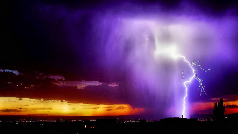 1080P, clouds, sunset, desert, lightening, storm, 3d and abstract, forces of nature, colorful
