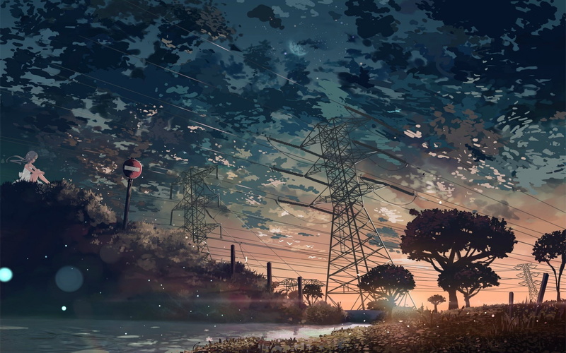 1080P, nature, power lines, anime girls, anime, sky, trees