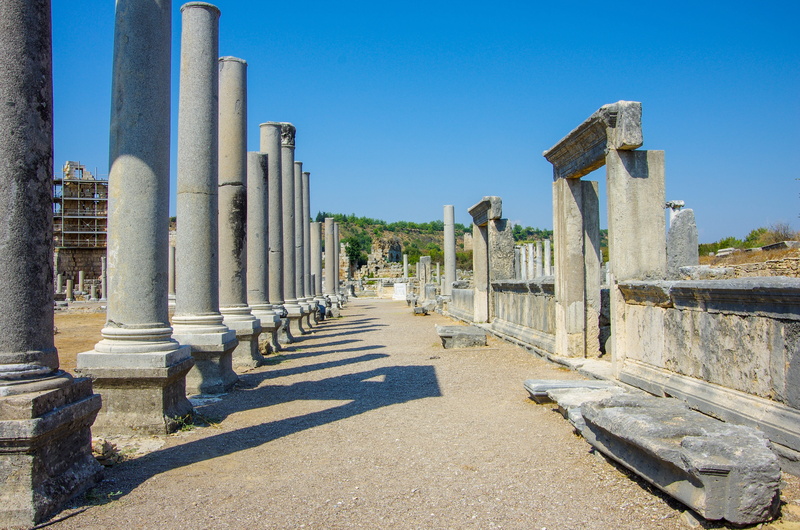 sky, hittite, shadow, clear sky, blue, theatre, historical works, colonnade, history, architecture, antalya, collapsed, historical city, ruined, the ancient city of perga