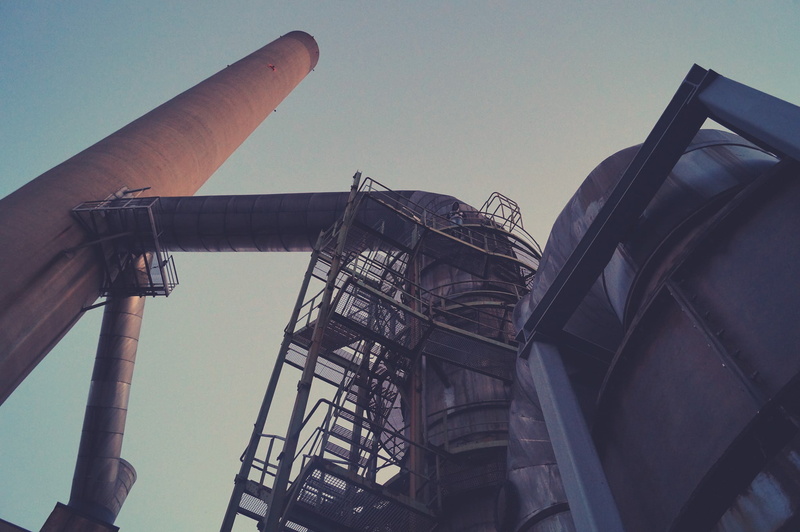 urban decay, noise, sky, oil industry, pipes, metal, day, refinery, Norway, low angle view, heights, no people, construction, nature, filter, staircase