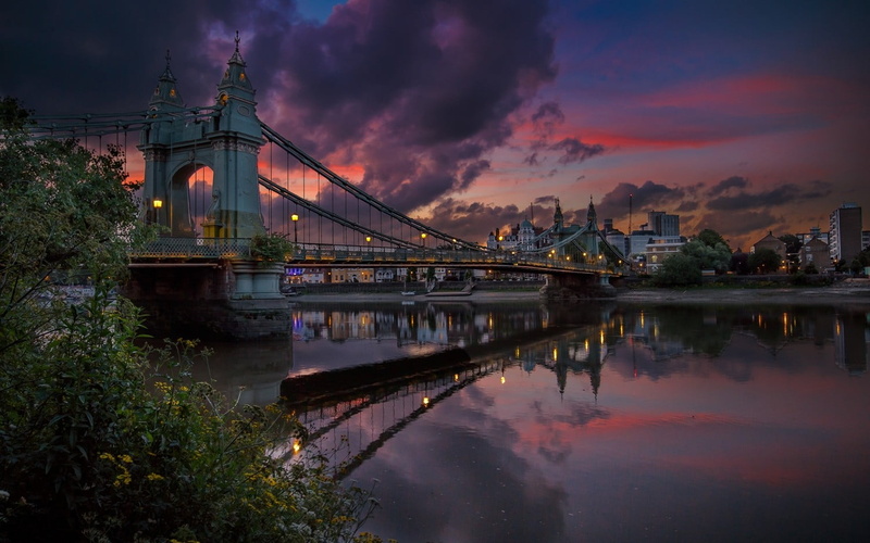 lights, water, building, connection, cloud - sky, bridge, no people, nature, illuminated, shrubs, urban, landscape, lighting, 720P, clouds, built structure