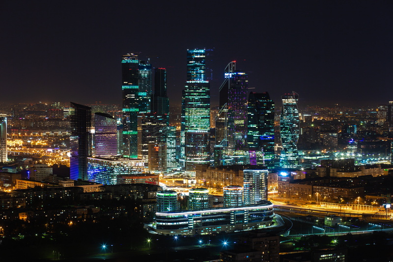 building exterior, no people, outdoors, tall - high, city, night, modern, Moscow, lights, financial district, 5K, Russia, building, city life, nature
