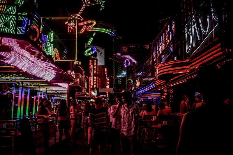 crowd, women, silhouette, night, neon light, building, lifestyles, light, city life, standing, leisure activity, real people, bangkok, neon sign, illuminated