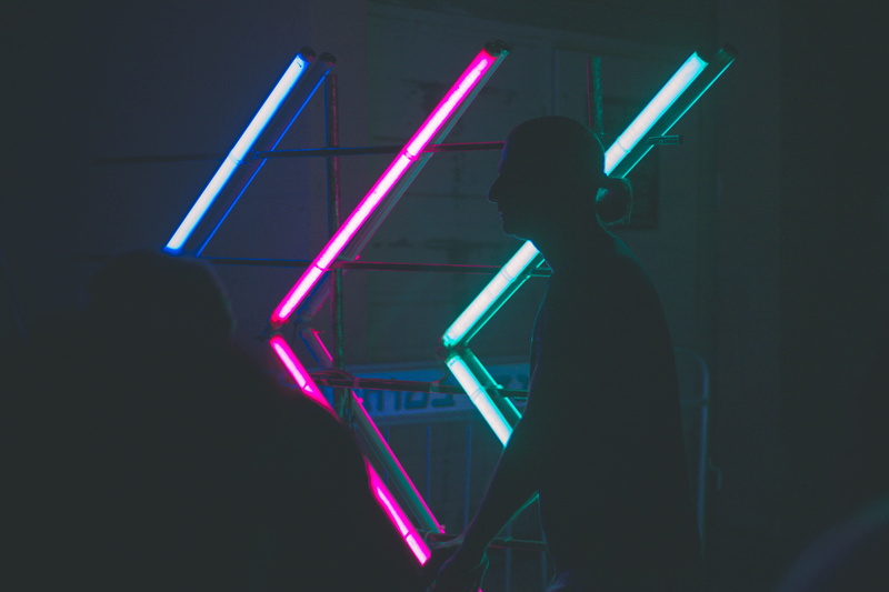 crowd, standing, neon, outdoors, business, night, city, urban, blue, shade, young Adult, dark, man, light, people, silhouette, colorful, light - Natural Phenomenon