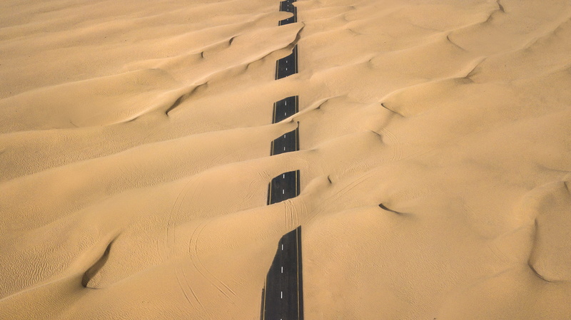 climate, desert, day, road, sand dune, drone, birds eye view, sunlight, from above, dry, covered, environment, full frame, drone footage, architecture